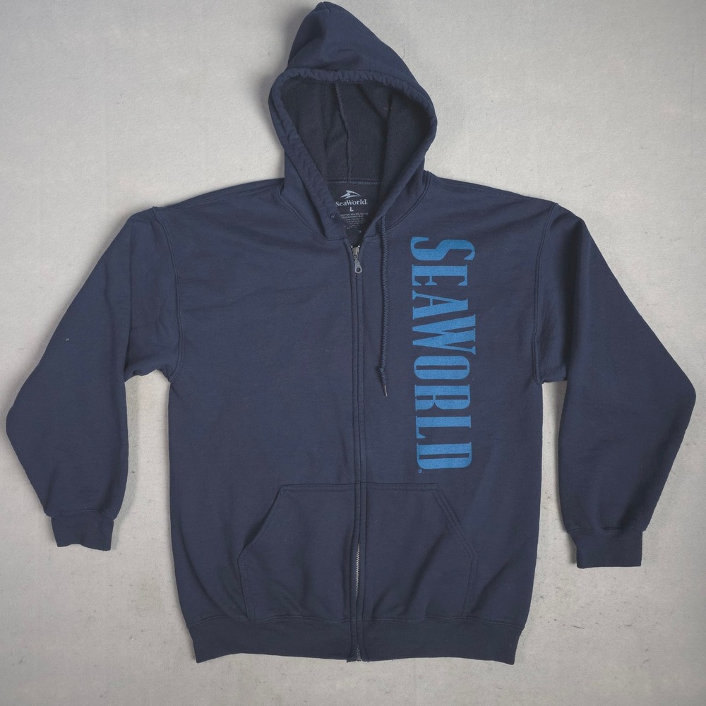 SeaWorld Navy Blue Full Zip Hoodie Sweatshirt Mens Large Graphic Print